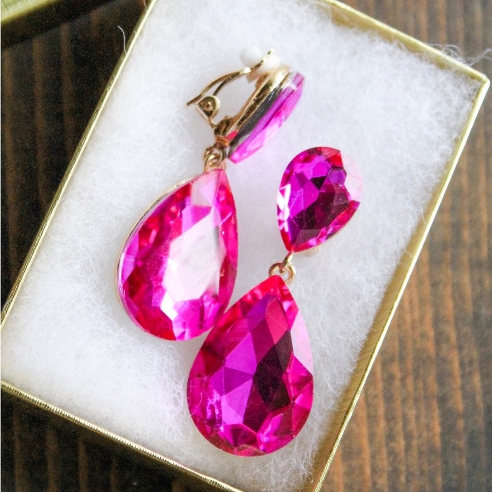 BRAND NEW {Clip On} Fuchsia Pink Double Teardrop Earrings